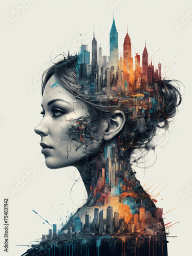 Urbane Reflexion - Ein Porträt, das die Silhouette einer Frau mit der Skyline einer modernen Stadt verschmilzt, reflektiert die Verbindung zwischen Mensch und urbanem Umfeld.
