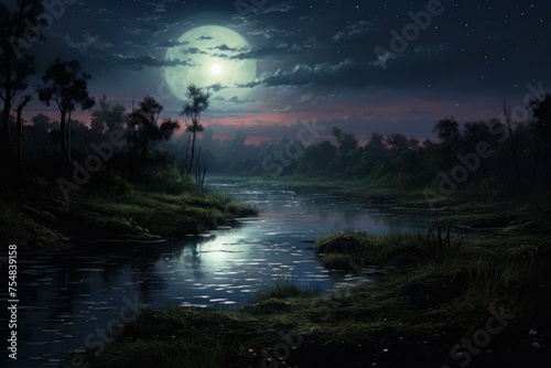 Moonlit Night landscape river. Evening coast. Generate Ai © juliars
