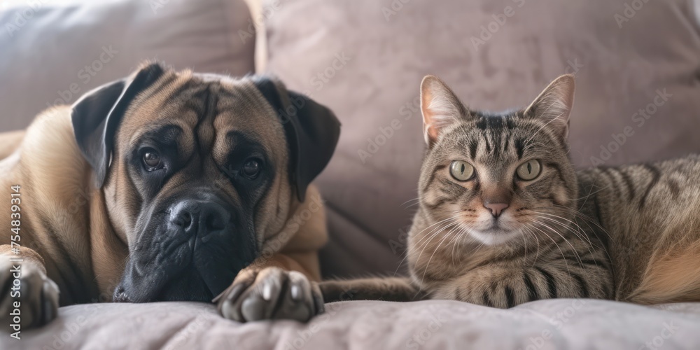 A cute cat and a big dog sit next to each other. Looking at the camera on the sofa at home - obrazy, fototapety, plakaty 