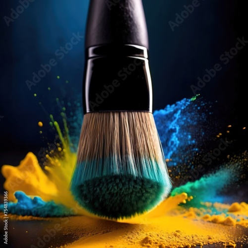 Makeup brush with a burst of colorful powder, aesthetic and cosmetic skincare