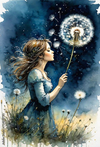 Sternenhimmelwünsche - Eine Frau bläst an einem Löwenzahn vor einem nächtlichen Himmel, wodurch ein Moment der Hoffnung und des Wunderns entsteht.