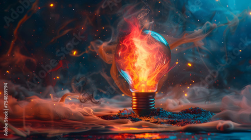 A lightbulb glows against a red and blue  oil painting background. © wing