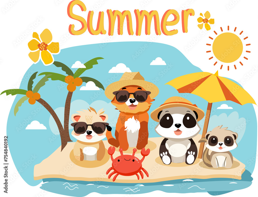 Fototapeta premium Cute animals with summer vacation on the beach.