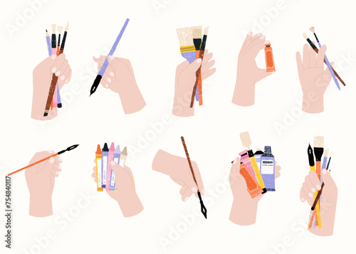 Hands holding brushes. Palm with pencil and pen, artist fingers with brush and paint tube, sketching and drawing concept. Vector flat set
