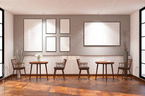Wallpaper Mural Scandinavian cafe with chairs, tables & frame mock up on the wall. Design 3d rendering of gray and light wood. Design print for illustration, presentation, mock up, interior, zoom, background. Set 1 Torontodigital.ca