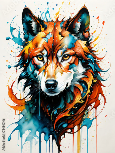 Farbenreichtum des Instinkts - Ein intensives Porträt eines Wolfes, eingefangen in einem Kaleidoskop aus Farben, das seine wilde Seele und tiefe Instinkte darstellt.