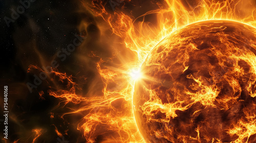 Fiery depiction of a sun in space.