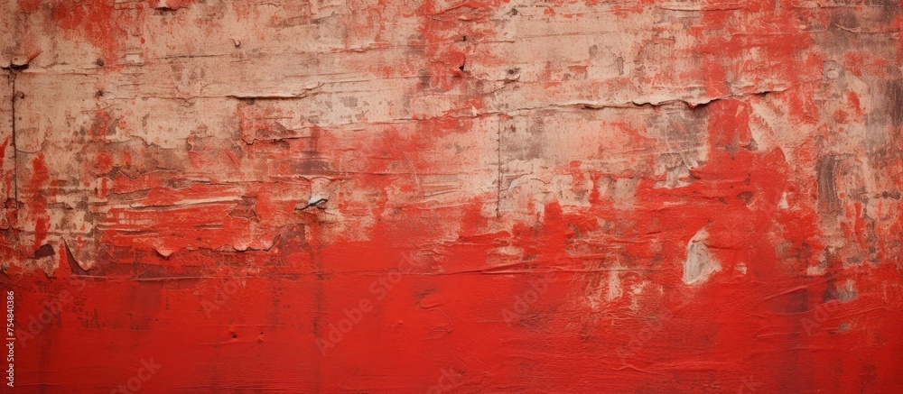 Obraz premium A weathered red and white wall with paint peeling off in patches, revealing layers of history and deterioration. The worn texture creates a scene of decay and neglect.