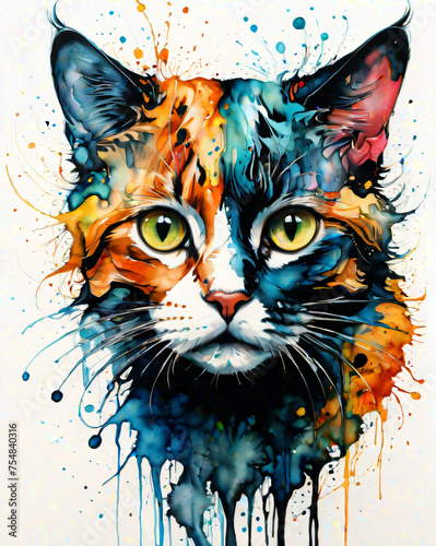 Farbexplosion im Katzenblick - Ein Kunstwerk, das eine Katze in einem Wirbel aus lebendigen Farben darstellt, welche die Vielschichtigkeit und Mystik dieser Tiere betont.
