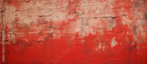 A weathered red and white wall with paint peeling off in patches, revealing layers of history and deterioration. The worn texture creates a scene of decay and neglect.