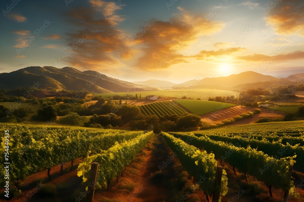 A picturesque vineyard at sunset, bathed in golden light and rows of lush grapevines.
