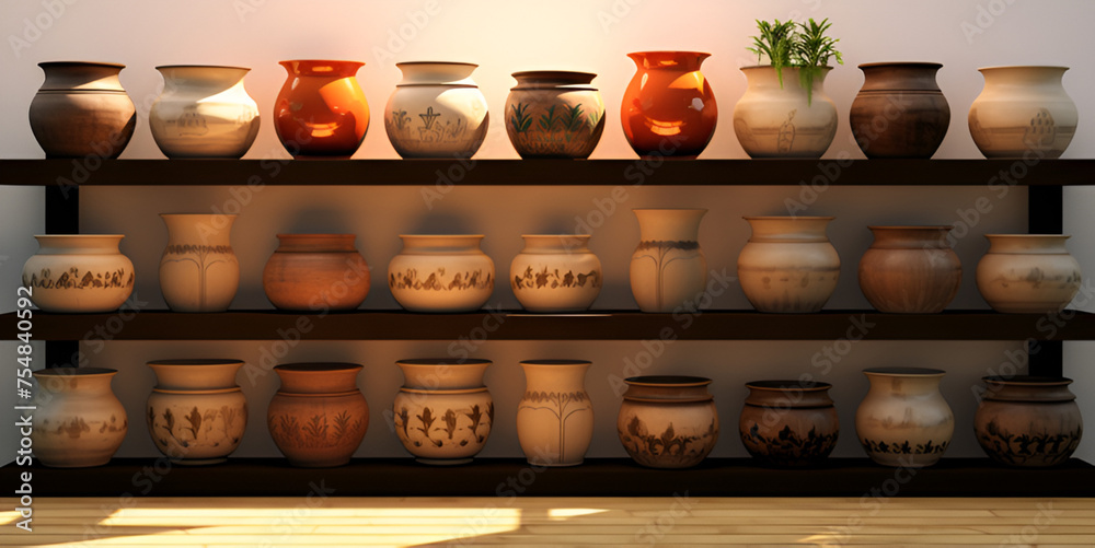 Colorful Ceramic pottery with a variety of different colors and patterns on wooden shelf and white all background 