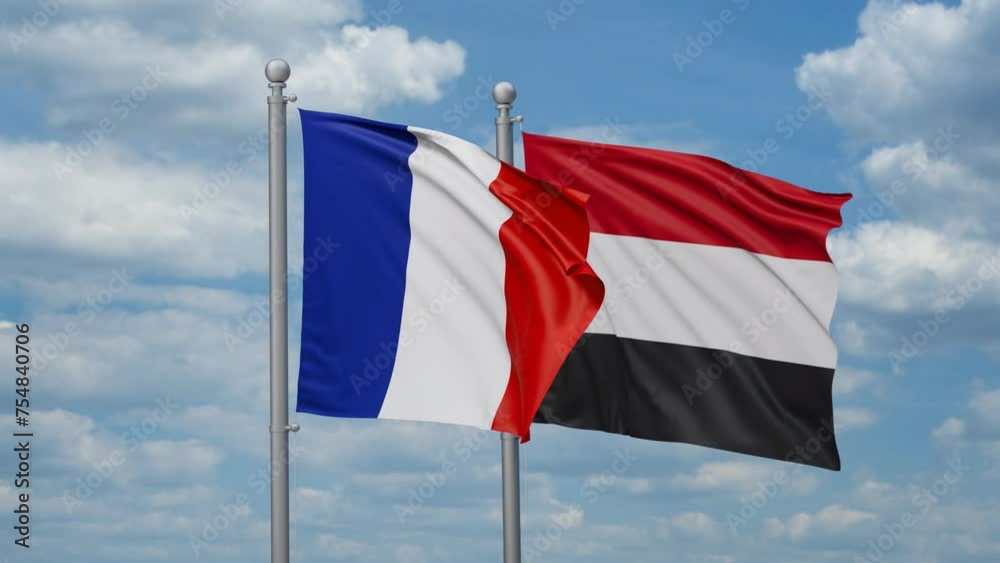 Yemen and France two flags waving together, looped video, two country cooperation concept Yemen and France two flags waving together, looped video, two country cooperation concept