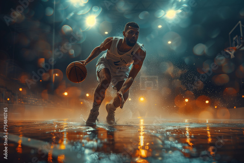 Handsome basketball player with a ball in action on floodlight professional basketball court  © Anna