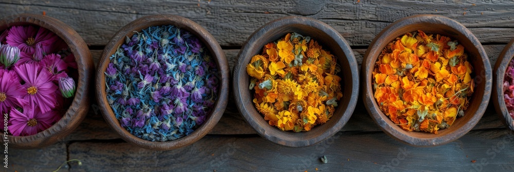 Set of five wooden bowls filled with various types of dried flowers on rustic wooden background