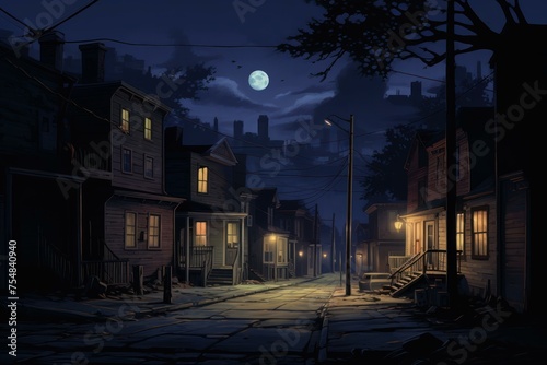 Tranquil Night street town lights. Crime skyline. Generate Ai