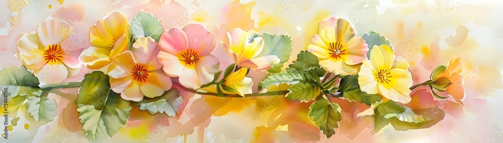 Watercolor Painting of Primrose Flowers on Abstract Background, To provide a visually appealing and detailed illustration of primrose flowers for