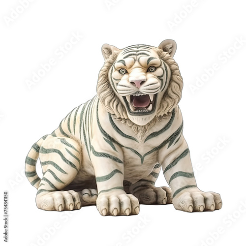 antique tiger statue isolated on transparent background, element remove background - A white tiger with green stripes is sitting on a white background photo
