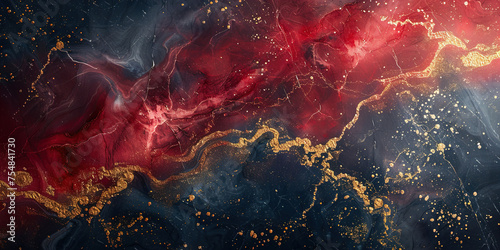 Ethereal crimson and navy art piece with golden veins, abstract and rich in detail, evoking a sense of cosmic elegance.