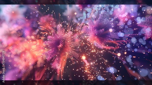 Vibrant 3D Fireworks Particles Amidst Colorful Flowers - Festive Celebration photo
