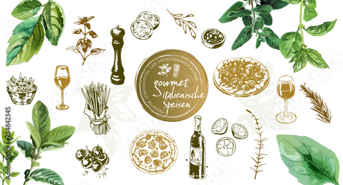 Gourmet Italian food set - Italy, vector design of typical foods of mediterranean cuisine. Herbs of italian cuisine with elements of food such as pizza, pasta, antipasti and vegetables.
