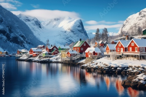 Tranquil Nordic village view snow. Scenery mountain. Generate Ai