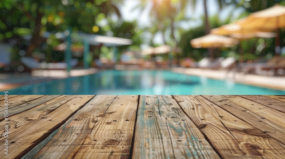 Close-up of wooden deck planks with a blurred background of a tropical poolside setting.