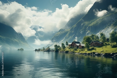 Tranquil Norwegian fjord. Lake water europe. Generate Ai photo