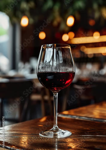 A glass of red wine on a wooden table, close-up ultra realistic food photography 