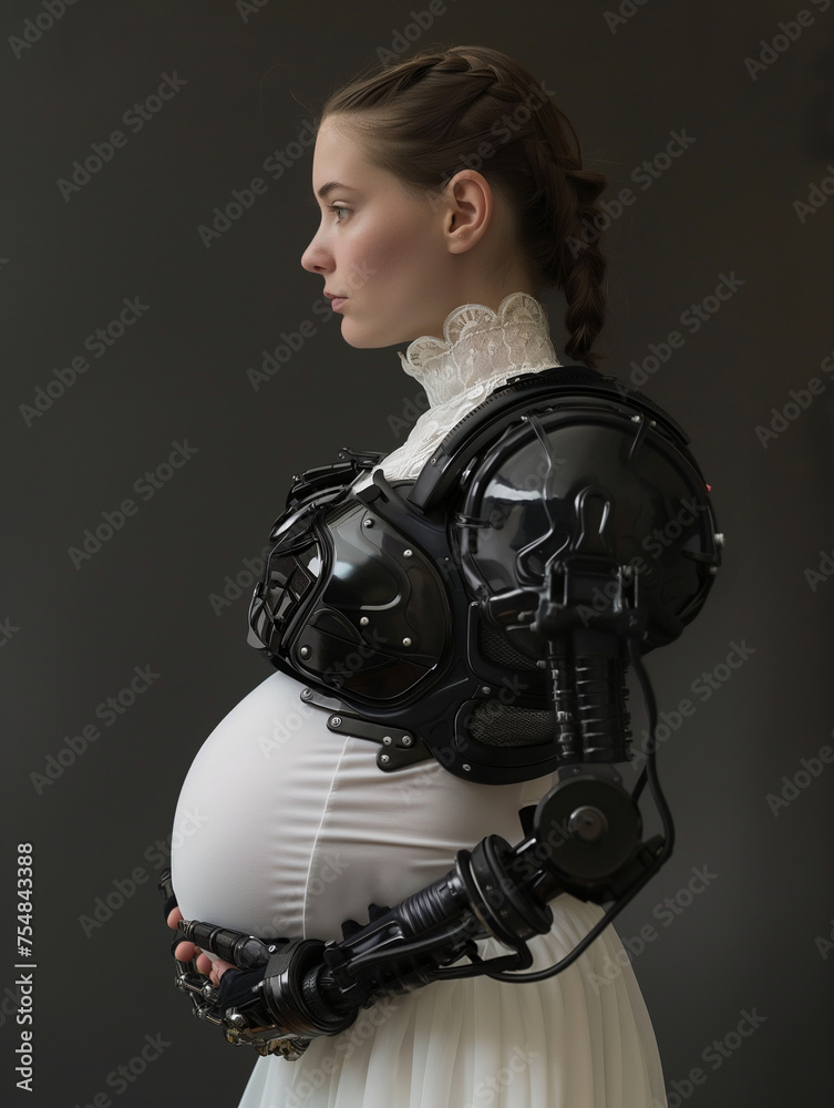 Naklejka premium Schwangere Frau in Cyborg Kleidung zeigt ihren Babybauch