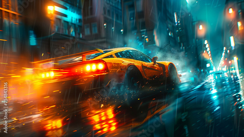 Urban nocturne: the art of speed as a street car gracefully drifts through the night rain