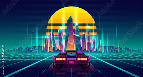A futuristic car in the form of a sports car in the style of a retro console game from the 1990s. Abstract poster against the backdrop of sunset on a city