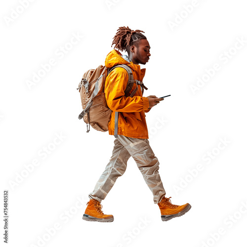 Afro-american male student walking looking at his phone on a cut out PNG transparent background
