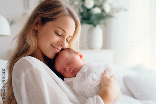 Close up mother with her newborn in her arms in a in a bright white living room