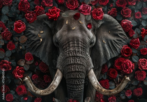 portrait of elephant head with tusks covered with roses