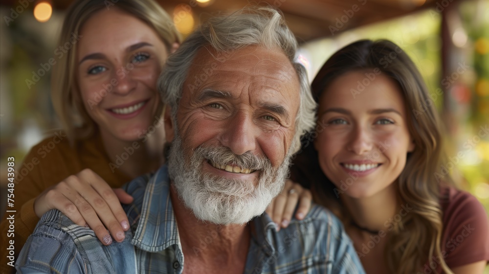 Happy family moment with elderly father and adult daughters outdoors