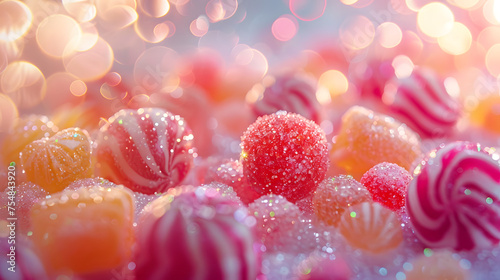 surreal background of sweet colorful candies and lollipop on a stick