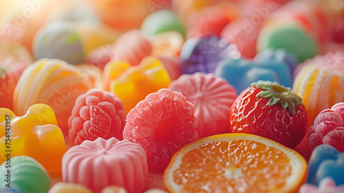 surreal background of sweet colorful candies and lollipop on a stick