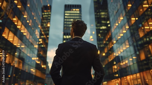 Man in suit standing in front of tall buildings photo