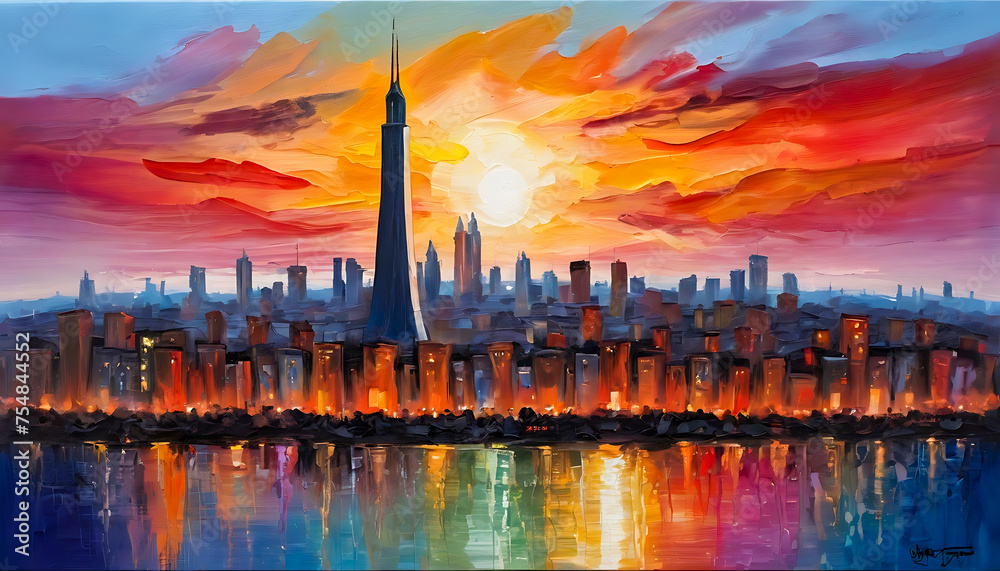 A painting of a city skyline at sunset
