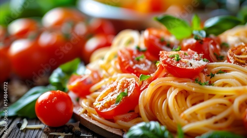 Plate of spaghetti with tomatoes and basil