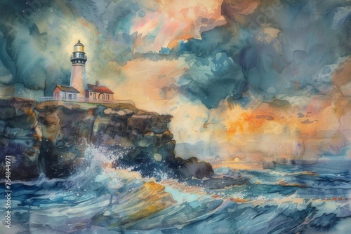 Watercolor painting of a weathered lighthouse atop a cliff.