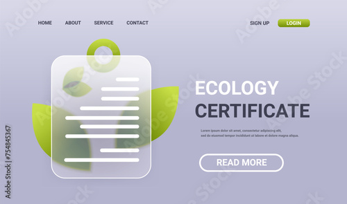 Ecology certificate horizontal landing page. Glass morphism green technology service