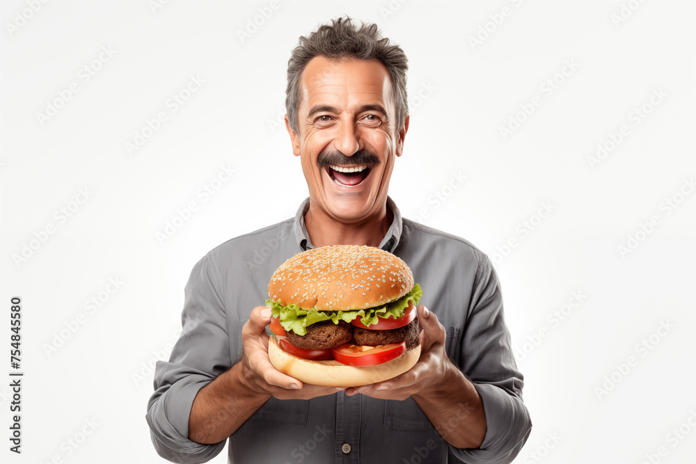 Middle aged man over isolated white background holding a burger Middle aged man over isolated white background holding a burger