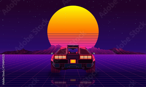  A futuristic car in the form of a sports car in the style of a retro console game from the 1990s. Abstract poster against the backdrop of sunset on a mountain road