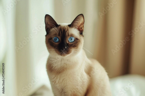 Burmese cat with round face, blue eyes, and muscular body sits on light background