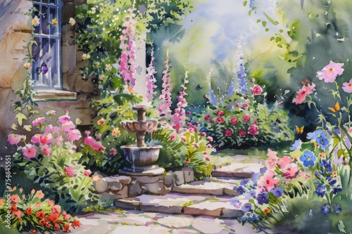 A charming watercolor image of an English cottage garden. Contains various types of flowers. quaint fountain and fluttering butterflies