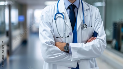 Professional doctor in white coat and tie with stethoscope photo