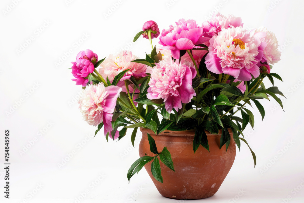 Beautiful peonies arranged in a clay pot against a white background