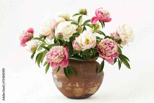 Beautiful peonies arranged in a clay pot against a white background © Veniamin Kraskov